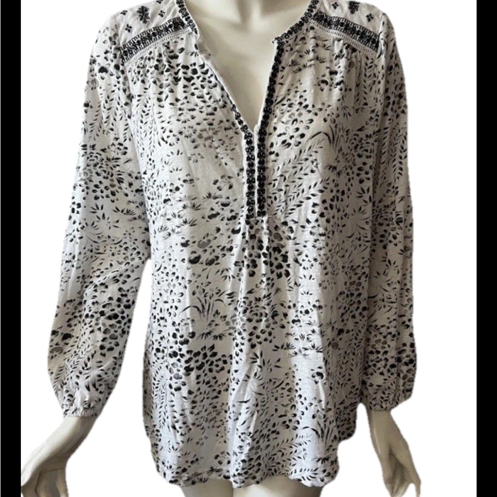 Lucky Brand Black White Floral Peasant Long Sleeve Cotton Modal Tunic Top 1X